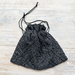 Vintage Black Silk Beaded Drawstring Pouch Mini Evening Bag